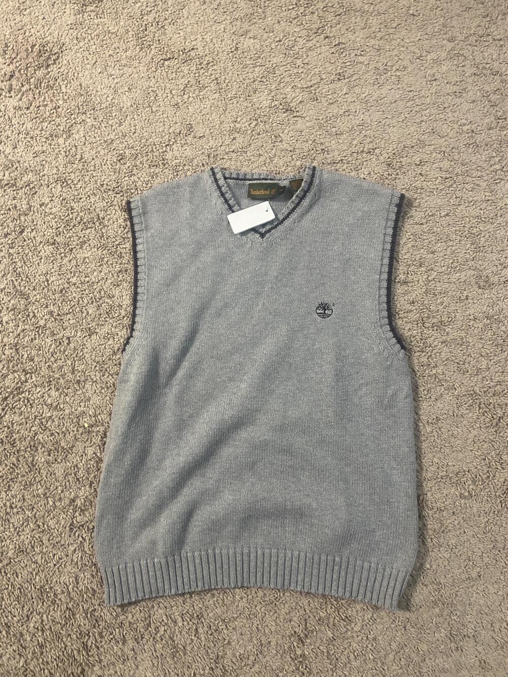 Timberland Sweater Vest Mens Medium Gray V Neck Cotton Knit Logo Pullover